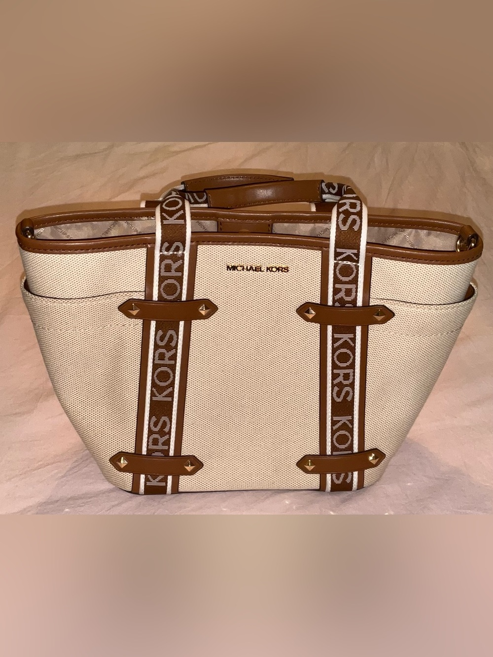 Michael Kors Small Canvas Tote Bag in Brown & Cream